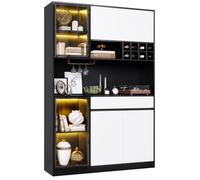 Armoire haute avec éclairage LED, vitrine et tiroirs pour le salon | Design moderne, étagère à vin intégrée, portes en verre, espace de rangement polyvalent
