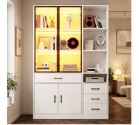 Armoire haute avec vitrine en verre et LED,120x35x200cm bibliothèque blanche avec 13 zones de rangement,4 tiroirs et portes vitrines