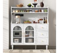 Armoire haute blanche avec prises, tiroirs et étagères en verre réglables. Buffet de cuisine avec rangements pour salle à manger.