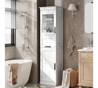 Armoire haute de salle de bains - Armoire de rangement indépendante - 170 cm - Porte vitrée - Tiroir - Étagères réglables - 1 rangée - Blanc