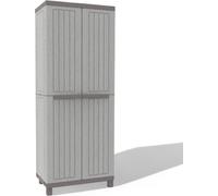 Armoire haute en matériau thermoplastique aspect bois gris, à deux portes, avec 3 étagères réglables, ouverture à 180 degrés, 170 x 68 x 39 cm