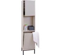 Armoire haute HWC-O42, armoire de salle de bains Étagère de salle de bains Compartiments d'armoire Panier à linge, MDF mélamine 174x39x30cm ~ imitation bois beige