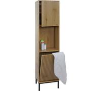 Armoire haute HWC-O42, armoire de salle de bains Étagère de salle de bains Compartiments d'armoire Panier à linge, MDF mélamine 174x39x30cm ~ aspect bois naturel