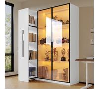Armoire haute mobile polyvalente, vitrine avec portes vitrées et éclairage LED, tiroirs à ouverture latérale, bibliothèque, buffet