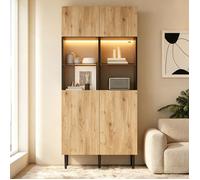 Armoire haute moderne Vitrine éclairage LED - Meuble de Rangement Pour Salon, Bibliothèque,Naturel+Noir ,80x35x180cm