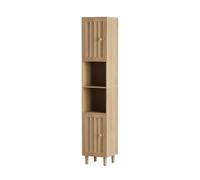 Armoire haute pour machine à laver, portes striées verticales, étagères ouvertes, poignées dorées, pieds en pin, MDF, aspect chêne, étroite, 32 x 30 x 169 cm