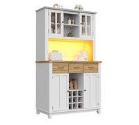 Armoire Haute Vaisselier Moderne Buffet Cuisine Blanc 106x40x179.5cm Vitrine Étagères Réglables LED Tiroirs en Bois