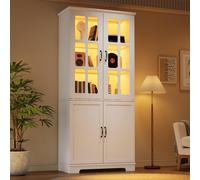 Armoire haute vitrine, 2 portes vitrées, 2 portes pleines, 5 étagères, aggloméré style cottage, idéale pour le salon et la cuisine, , Blanc