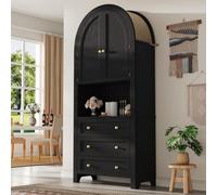Armoire Hautes de Rangement Cintrée Moderne avec 3 Tiroirs,2 Portes Voûtée | 70×35×180cm,Buffet,Vitrine,Compartiment Ouvertes,Antiroulis,Coussin Amortisseur,Pour Salle à Manger,Cuisine,Salon,Noir,Lin