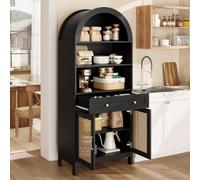 Armoire Hautes de Vitrine Rangement avec Tiroir et 2 Portes Voûtée Rotin | 70x40x170cm,Buffet,3 Étagères et Compartments Ouvertes,Antiroulis,Pour Salon,Chambre,Entrée Couloir,Collection,Figurine,Noir