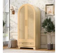 Armoire incurvée en rotin avec 2 portes et 1 tiroir, naturel, D26091018 | Armoire à portes pivotantes pour chambre à coucher - Multifonction - Avec tringle à vêtements - Style maison de campagne - 70