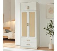 Armoire "Larundi" de 216 x 80 x 52 cm, avec 4 portes, 1 barre de penderie, 1 étagère supérieure et 2 tiroirs. Finition blanche/aspect rotin