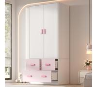 Armoire Merax à 2 portes 80 x 48 x 180 cm, armoire pour enfant avec tringle à vêtements et 3 tiroirs, meuble de chambre à coucher, blanc + rose