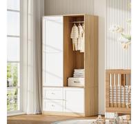 Armoire Merax avec tringle à vêtements et 2 tiroirs, porte coulissante, armoire multifonctionnelle à portes coulissantes pour chambre d'enfant, blanc + couleur bois