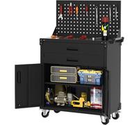 Armoire métallique avec panneau perforé et roulettes verrouillables, meuble de rangement pour outils avec 2 tiroirs et 1 étagère réglable, armoire d'atelier pour l'extérieur, meuble de rangement de 18