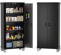 Armoire métallique robuste de 183 cm, montée sur roulettes, avec serrure, 4 étagères réglables, panneau perforé. Armoire polyvalente pour outils, idéale pour un garage, un atelier, un bureau ou un cou