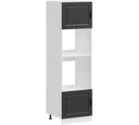 Armoire micro-ondes, noire, en bois, composée de deux parties, avec un grand compartiment, des pieds réglables et un design économe en espace, conçue pour accueillir un four et un micro-ondes