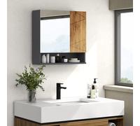 Armoire miroir 2 portes 2 étagères niche anthracite aspect bois