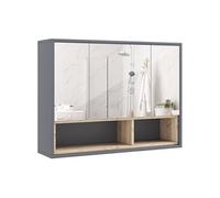 Armoire miroir de salle de bain - 3 portes, 3 étagères, 2 niches - dim. 80 x 20 x 60 cm - gris effet bois clair naturel
