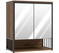 Armoire miroir murale salle de bain 2 portes design - étagère, niche - métal noir effet bois noyer Marron G