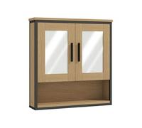 Armoire miroir murale salle de bain - 2 portes, étagère, niche - acier noir effet bois