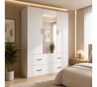 Armoire moderne blanche avec LED, armoire de chambre pour adulte avec 2 portes en verre et 1 miroir, armoire de rangement avec tringle à vêtements, armoire polyvalente à portes pivotantes (blanc-130 x