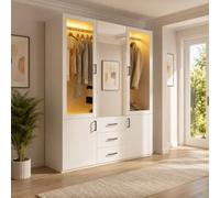 Armoire moderne blanche avec LED, armoire de chambre pour adulte avec 4 portes en verre et 3 tiroirs, armoire de rangement avec tringle à vêtements, armoire polyvalente à portes pivotantes (blanc-130