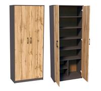 Armoire multi-usages 74 cm - 8 compartiments, 6 étagères, 2 portes - Meuble de rangement - Armoire de bureau - Chêne graphite