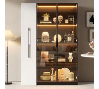 Armoire multifonction 110,5 × 35 × 160 cm - Vitrine avec porte en verre et LED, coulissante latérale, armoire à roulettes - Design blanc et noir, armoire haute de style moderne, bibliothèque, penderie