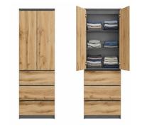 Armoire multifonction 2 portes, 3 étagères & 3 tiroirs - Meuble de rangement chambre ou bureau - 50x40x180 cm - Anthracite/chêne