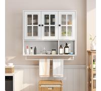 Armoire murale de salle de bain, armoire murale en bois à 3 portes avec espace de rangement ouvert et caché, armoire à pharmacie avec porte vitrée et porte-serviettes