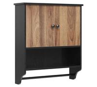 Armoire murale pour salle de bain - Armoire de rangement suspendue pour médicaments - Bois, 2 portes, étagère ouverte, porte-serviettes, rangement au-dessus des toilettes - 61 x 19 x 70 cm - Noir-brun