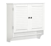 kleankin Armoire Haute Murale Salle de Bain ou WC - Placard 2 Portes persiennes avec étagère - Porte-Serviette - MDF Blanc