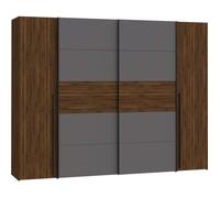 Armoire NARAGO - Décor Noyer Bakersfield et gris - 2 portes coulissantes + 2 portes battantes - L270 x P61 x H210 cm