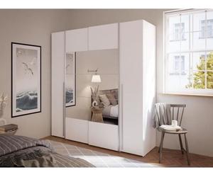 Armoire NARAGO -Reproduction blanc mat - 2 portes coulissantes + miroir + 2 portes battantes + 2 penderies - L200 x P61 x H210 cm
