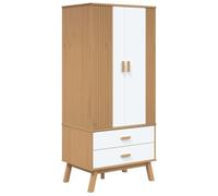 Armoire OLDEN en pin massif - Blanc et marron - 76,5 x 53 x 172 cm - Avec 2 tiroirs et grand compartiment - Pour chambre à coucher, garde-robe, dressing avec espace de rangement et poignées en bois