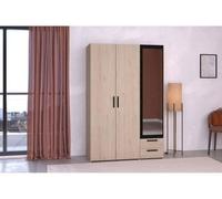 ARMOIRE PARISOT VARIA, 3 portes, avec miroir, 2 tiroirs, 1 barre de penderie, 4 étagères, finition chêne/noir, dimensions : hauteur 185 cm x largeur 120 cm x profondeur 51,7 cm