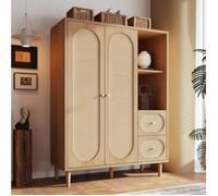 Armoire penderie 120x44x161 cm,vestiaire d’entrée, pour chambre et entrée, 2 portes, 2 tiroirs, étagères ouvertes, bois chêne