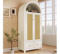 Armoire penderie 78x45x181 cm blanche avec cannage rotin, dressing 2 portes 2 tiroirs, tringle, niche ouverte arquée chambre