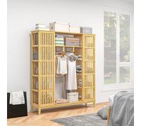 Armoire penderie en bambou - 2 portes coulissantes, 7 étagères, 2 barres