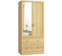 HOMCOM Armoire Chambre Penderie avec Miroir 80 x 50 x 180 cm Chêne | 2 Tiroirs, 2 Portes, Barre de Suspension, Armoire à Vêtements, Dressing, Style Moderne