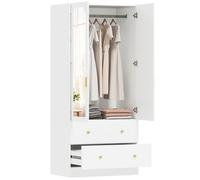 HOMCOM Armoire Chambre penderie avec Miroir, 2 Portes, Armoire à vêtements, Dressing avec 2 tiroirs et Barre de Suspension, Style Moderne, 80 x 50 x 180 cm, Blanc
