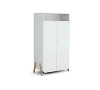 AT4 - Armoire enfant 2 portes en bois PIRATE Blanc et Hêtre 100 x 50 x 176 cm| 1 penderie et 6 étagères dont 4 réglables