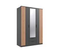 Armoire Placard avec miroir coloris graphite, rechampis imitation chêne artisan - longueur 135 x hauteur 199 x profondeur 58 cm --