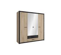 Armoire placard de rangement 4 portes dont 2 avec miroir couleur chêne / noir - Largeur 198 x Profondeur 56,6 x Hauteur 203,1 cm