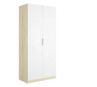 Armoire placard de rangement à 2 portes battantes et tringle, coloris blanc/Chêne clair