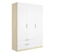 Armoire placard de rangement à 3 portes battantes et 2 tiroirs, coloris blanc/Chêne clair
