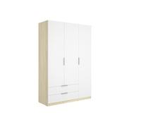 Armoire placard de rangement à 3 portes battantes et 2 tiroirs, coloris blanc/Chêne clair - Hauteur 203,5 x Longueur 136,6 x Profondeur 51,4 cm - -