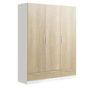 Armoire placard de rangement ALETH de 3 portes + 2 tiroirs, Blanc - Chêne Cambrian - longueur 152 x profondeur 51 x hauteur 200 cm