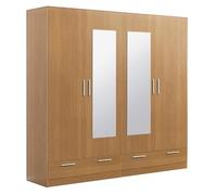 Armoire / placard de rangement de 4 portes + 2 tiroirs avec miroirs coloris Merisier - longueur 202 x profondeur 51 x hauteur 200